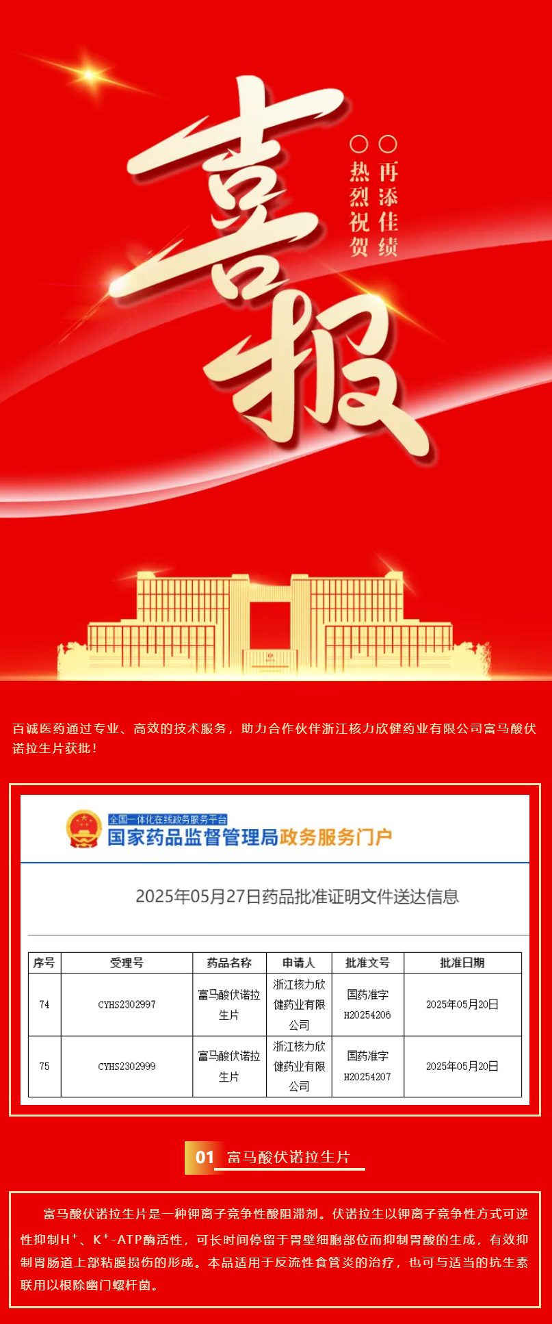 喜報(bào)！百誠醫(yī)藥助力合作伙伴富馬酸伏諾拉生片獲批！.png
