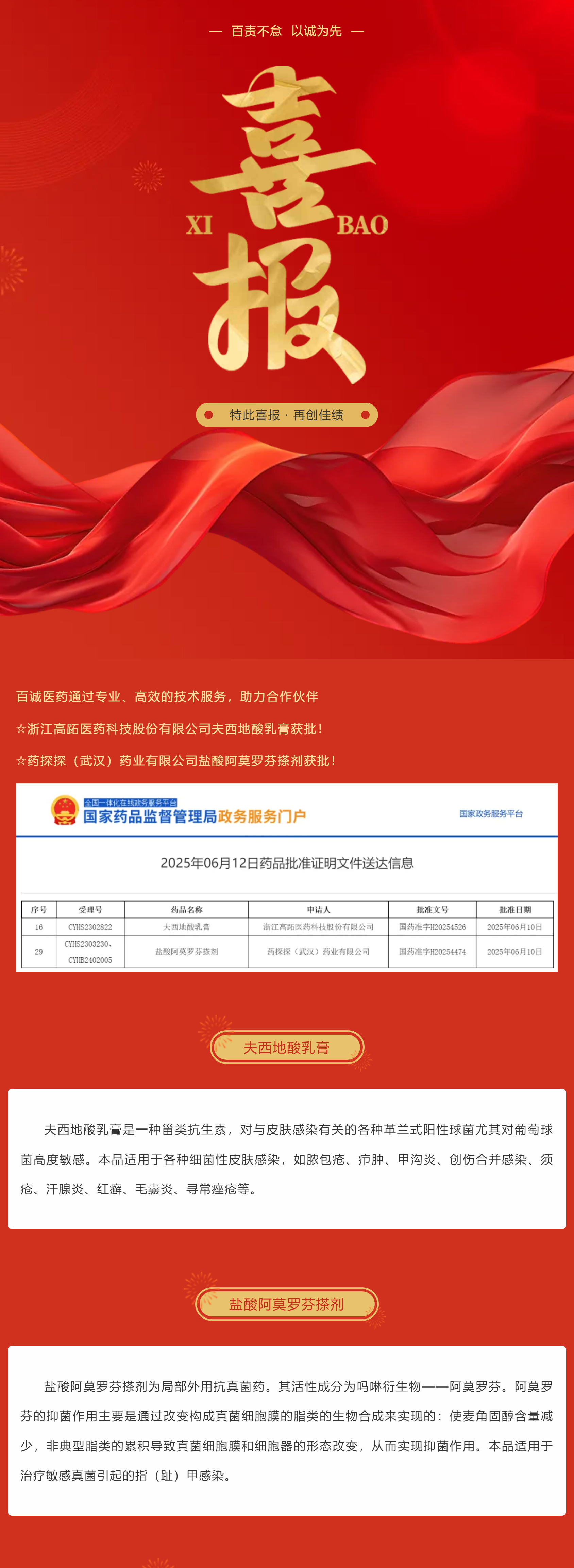 喜報！百誠醫(yī)藥助力合作伙伴夫西地酸乳膏、鹽酸阿莫羅芬搽劑獲批！.png